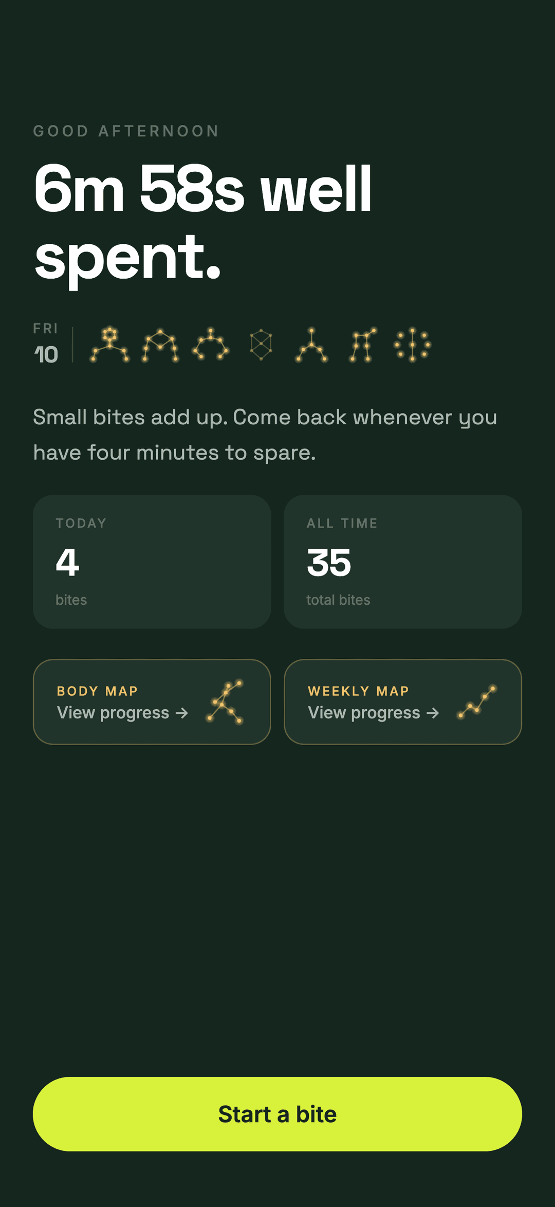 Dashboard with daily progress and stats